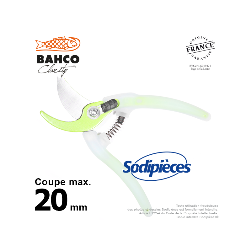 Sécateur acier trempé Clarity Bahco Pradines PG-05-Green. 20 mm. Confort. Fabriqué en France