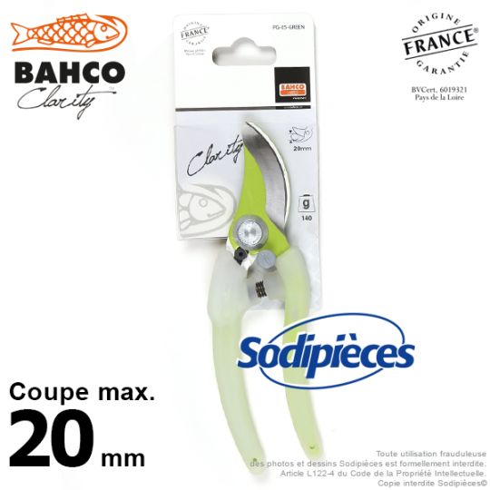 Sécateur acier trempé Clarity Bahco Pradines PG-05-Green. 20 mm. Confort. Fabriqué en France