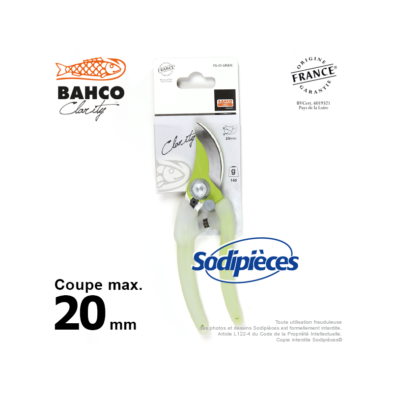 Sécateur acier trempé Clarity Bahco Pradines PG-05-Green. 20 mm. Confort. Fabriqué en France