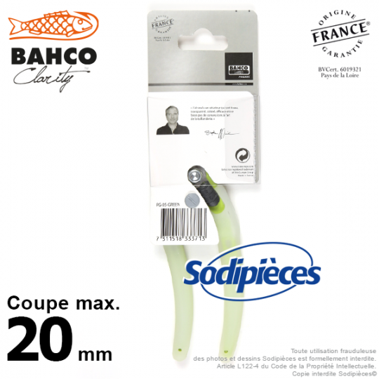 Sécateur acier trempé Clarity Bahco Pradines PG-05-Green. 20 mm. Confort. Fabriqué en France