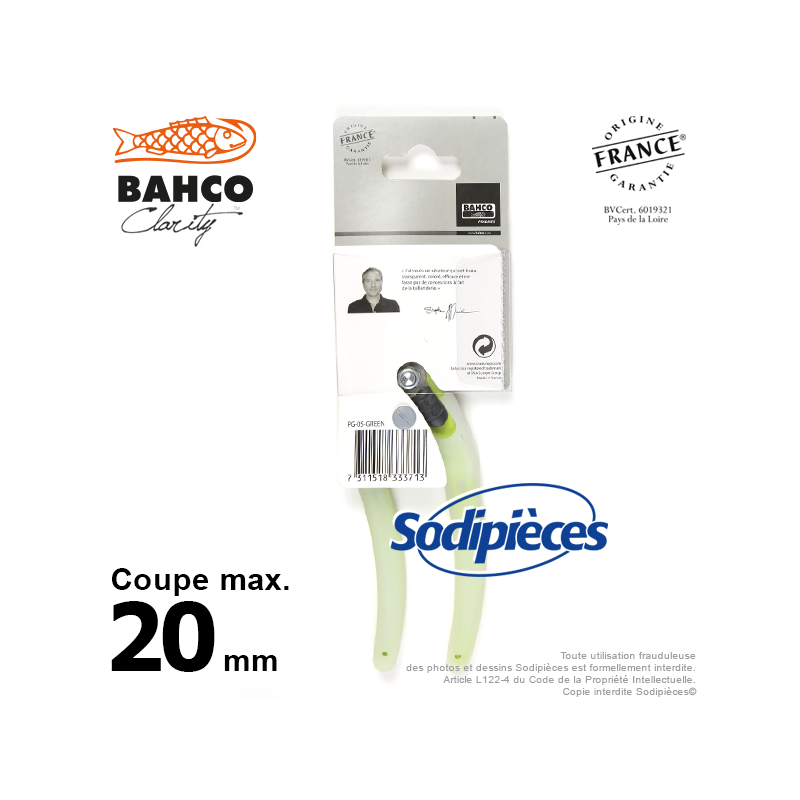 Sécateur acier trempé Clarity Bahco Pradines PG-05-Green. 20 mm. Confort. Fabriqué en France