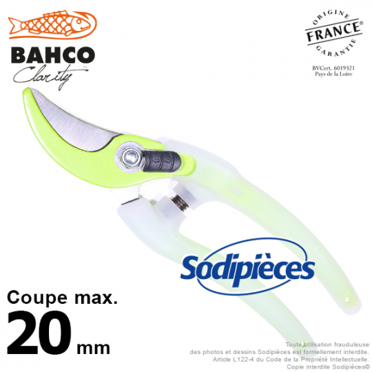 Sécateur acier trempé Clarity Bahco Pradines PG-05-Green. 20 mm. Confort. Fabriqué en France