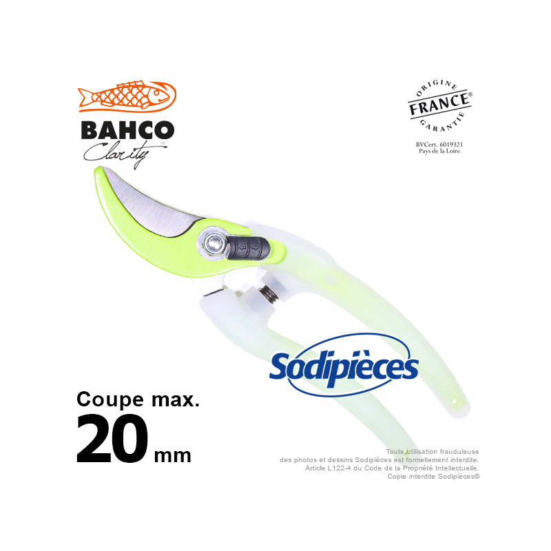 Sécateur acier trempé Clarity Bahco Pradines PG-05-Green. 20 mm. Confort. Fabriqué en France