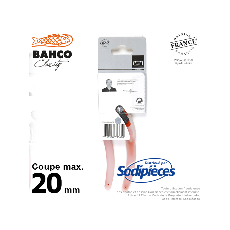 Sécateur acier trempé Clarity Bahco Pradines PG-05-Orange. 20 mm. Confort. Fabriqué en France