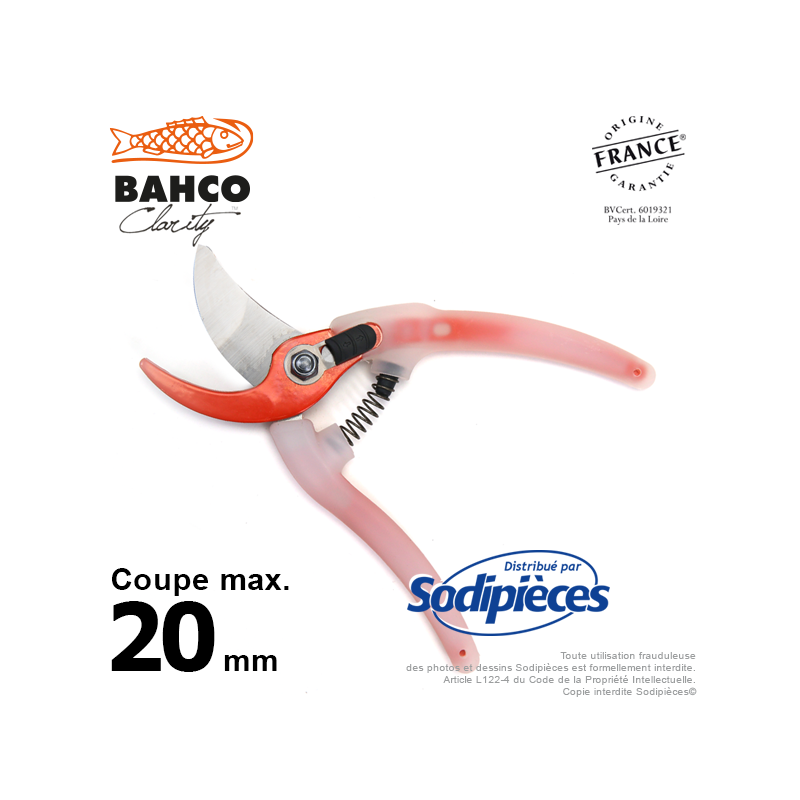Sécateur acier trempé Clarity Bahco Pradines PG-05-Orange. 20 mm. Confort. Fabriqué en France