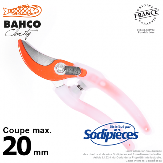 Sécateur acier trempé Clarity Bahco Pradines PG-05-Orange. 20 mm. Confort. Fabriqué en France