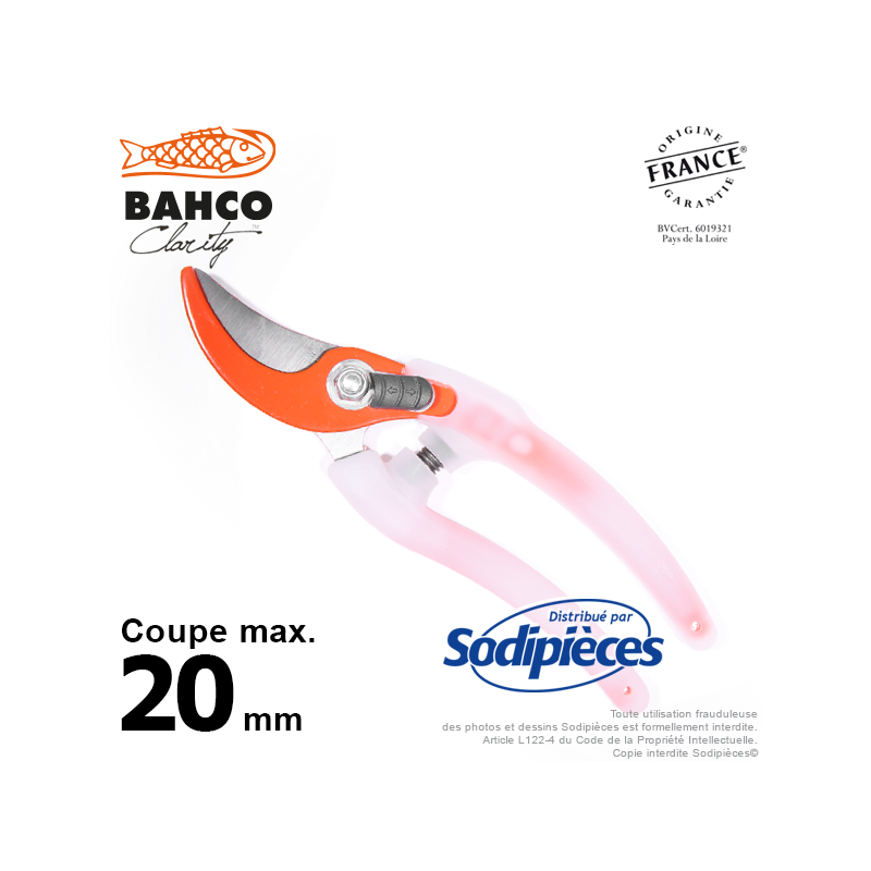 Sécateur acier trempé Clarity Bahco Pradines PG-05-Orange. 20 mm. Confort. Fabriqué en France
