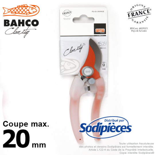 Sécateur acier trempé Clarity Bahco Pradines PG-05-Orange. 20 mm. Confort. Fabriqué en France