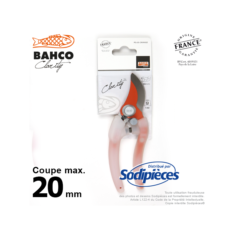 Sécateur acier trempé Clarity Bahco Pradines PG-05-Orange. 20 mm. Confort. Fabriqué en France