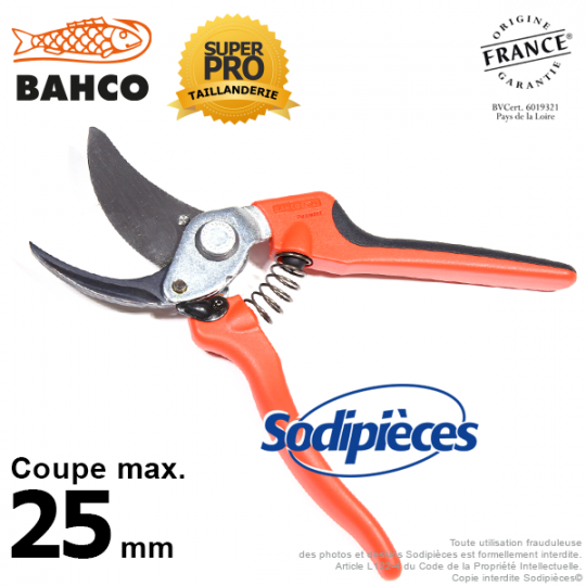 Sécateur à lames acier trempé Bahco Pradines P108-23-F. 25 mm Bi-matière. Professionnel. Fabriqué en France