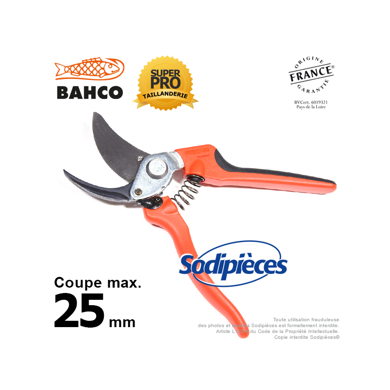 Sécateur à lames acier trempé Bahco Pradines P108-23-F. 25 mm Bi-matière. Professionnel. Fabriqué en France