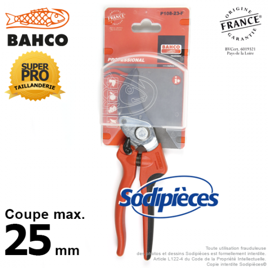 Sécateur à lames acier trempé Bahco Pradines P108-23-F. 25 mm Bi-matière. Professionnel. Fabriqué en France