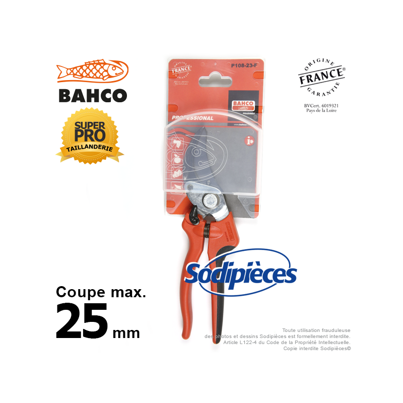 Sécateur à lames acier trempé Bahco Pradines P108-23-F. 25 mm Bi-matière. Professionnel. Fabriqué en France