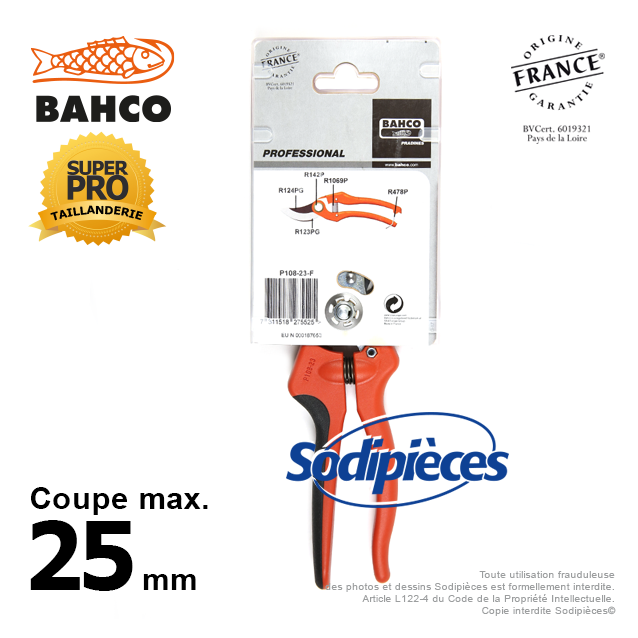 Sécateur à lames acier trempé Bahco Pradines P108-23-F. 25 mm Bi-matière. Professionnel. Fabriqué en France