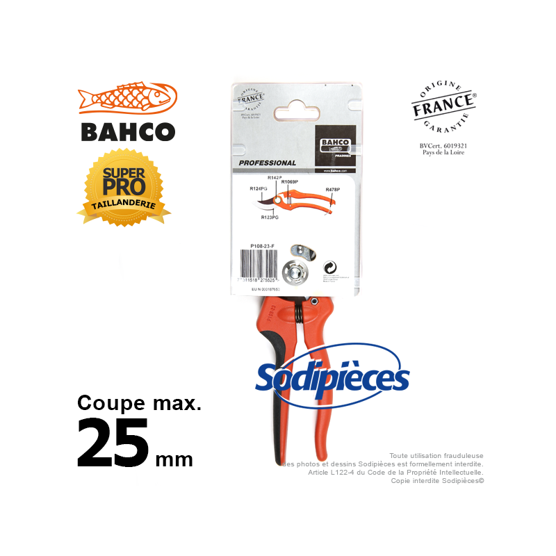 Sécateur à lames acier trempé Bahco Pradines P108-23-F. 25 mm Bi-matière. Professionnel. Fabriqué en France