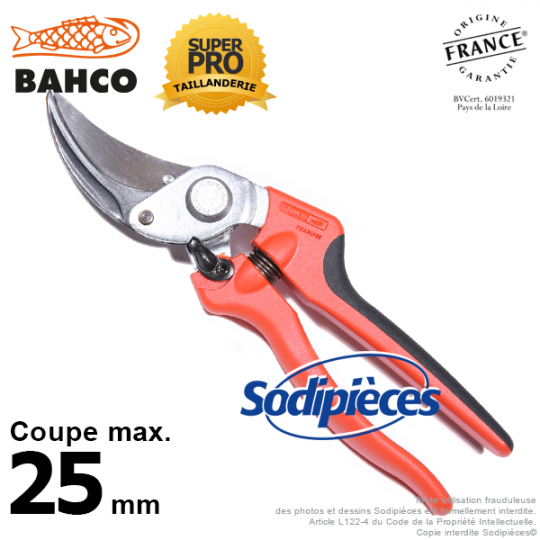 Sécateur à lames acier trempé Bahco Pradines P108-23-F. 25 mm Bi-matière. Professionnel. Fabriqué en France