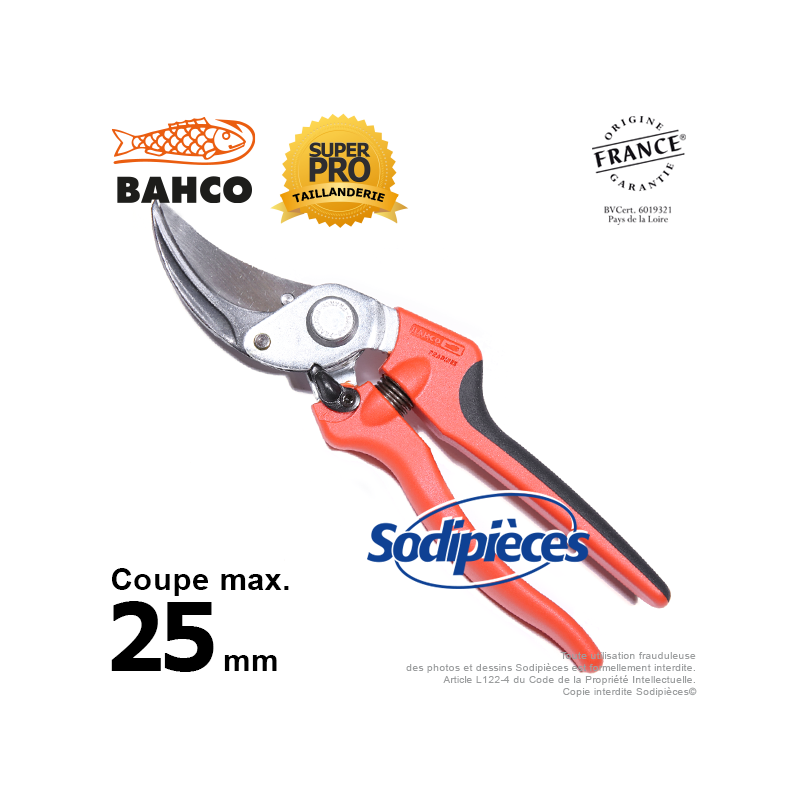 Sécateur à lames acier trempé Bahco Pradines P108-23-F. 25 mm Bi-matière. Professionnel. Fabriqué en France