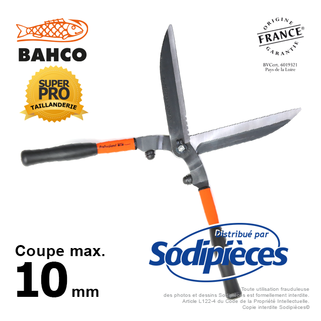 Cisaille à haies acier trempé Bahco Pradines P51-F. Usage pro. Fabriquée en France