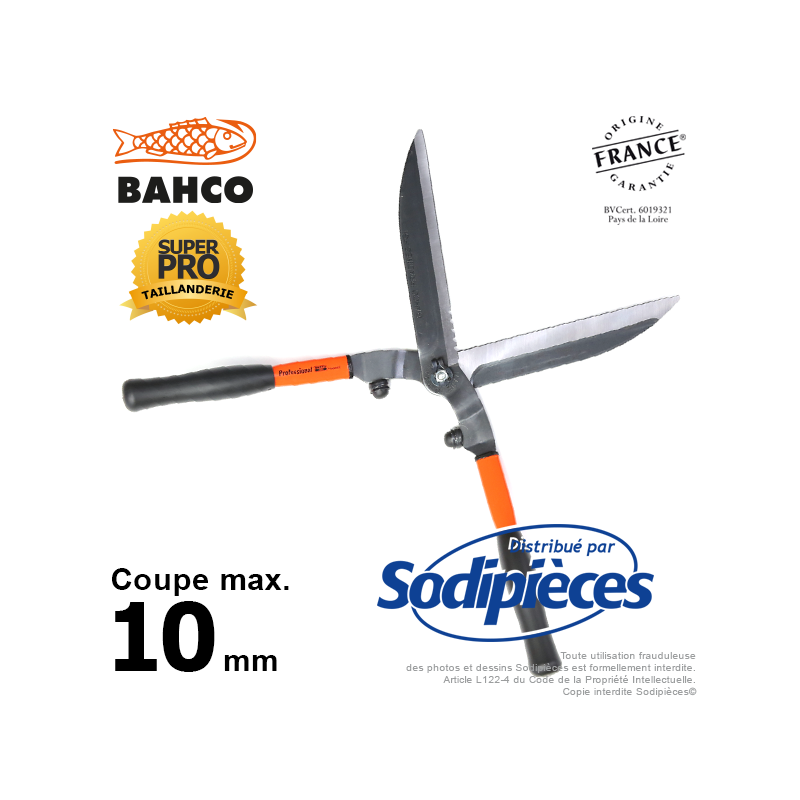 Cisaille à haies acier trempé Bahco Pradines P51-F. Usage pro. Fabriquée en France
