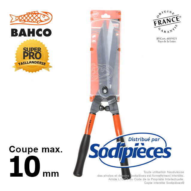 Cisaille à haies acier trempé Bahco Pradines P51-F. Usage pro. Fabriquée en France