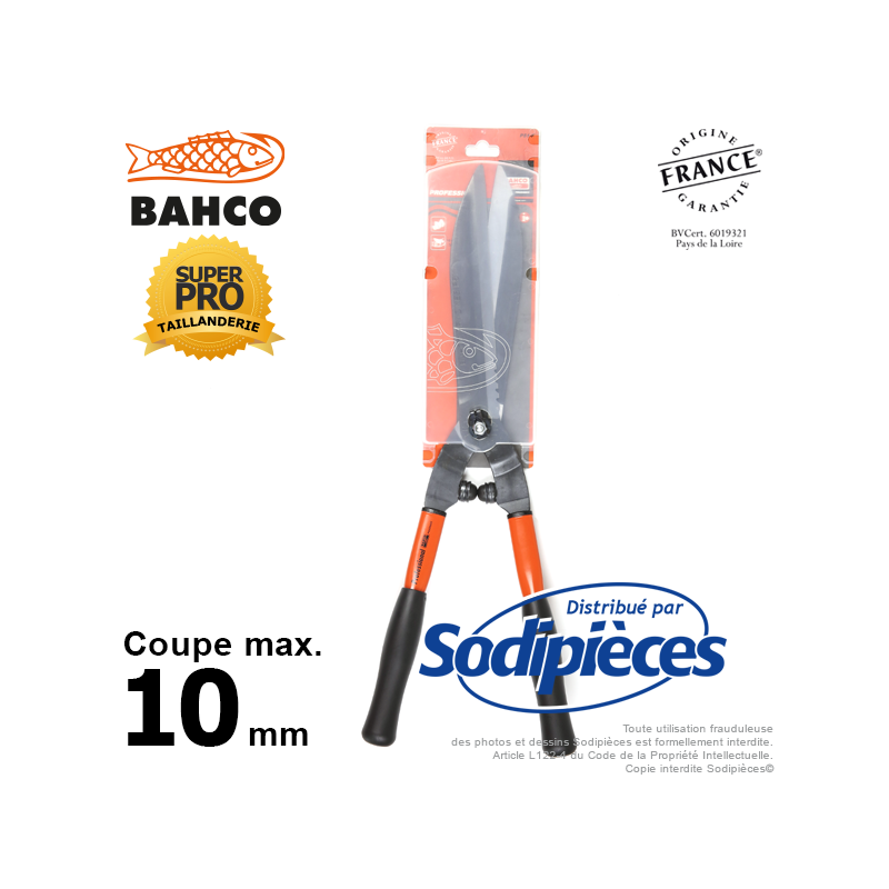 Cisaille à haies acier trempé Bahco Pradines P51-F. Usage pro. Fabriquée en France