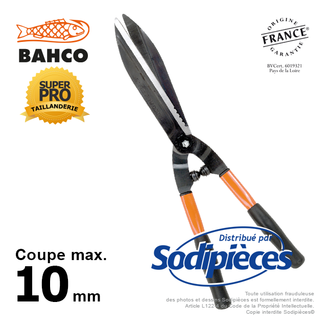 Cisaille à haies acier trempé Bahco Pradines P51-F. Usage pro. Fabriquée en France