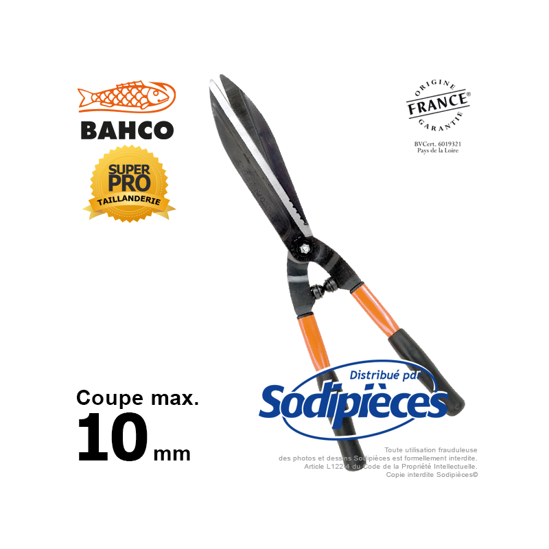 Cisaille à haies acier trempé Bahco Pradines P51-F. Usage pro. Fabriquée en France