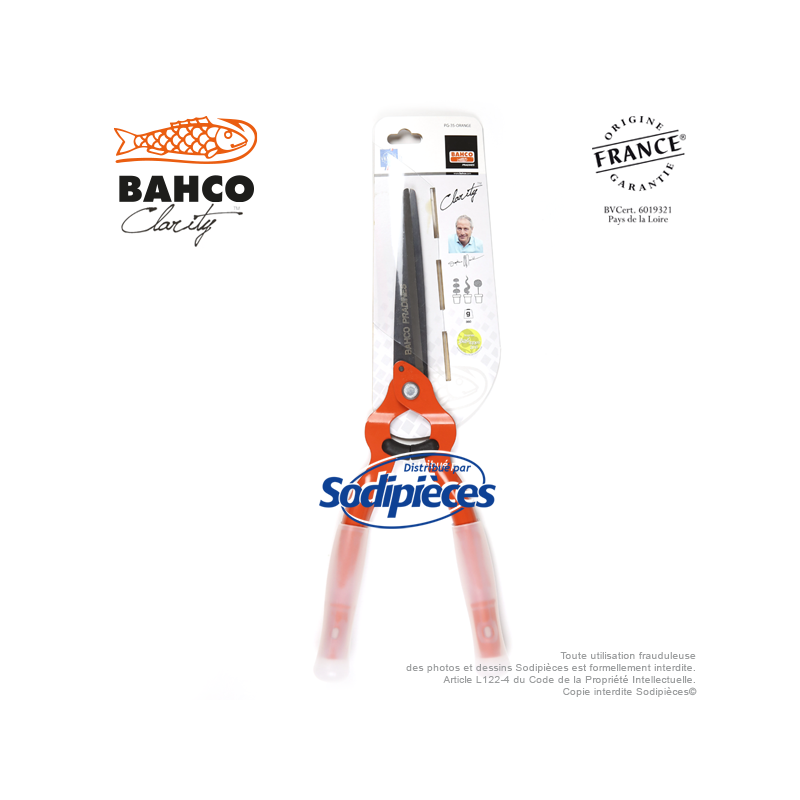 Cisaille acier trempé Clarity Bahco Pradines PG-35-Orange. Confort. Fabriqué en France