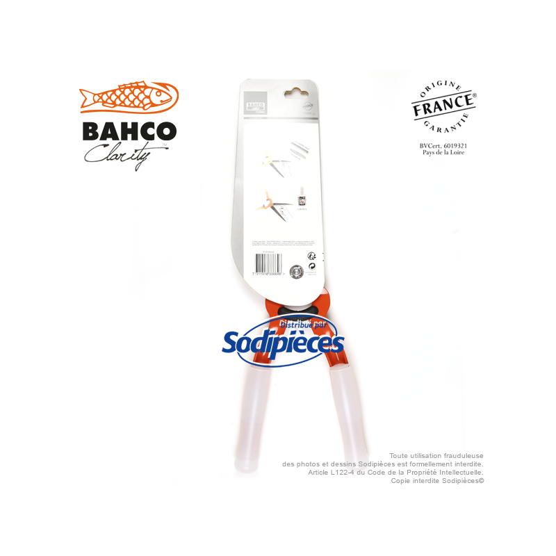 Cisaille acier trempé Clarity Bahco Pradines PG-35-Orange. Confort. Fabriqué en France