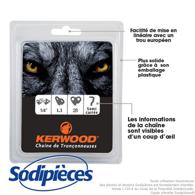 Chaîne tronçonneuse KERWOOD 28 maillons 1/4" 1,1 mm semi carrée