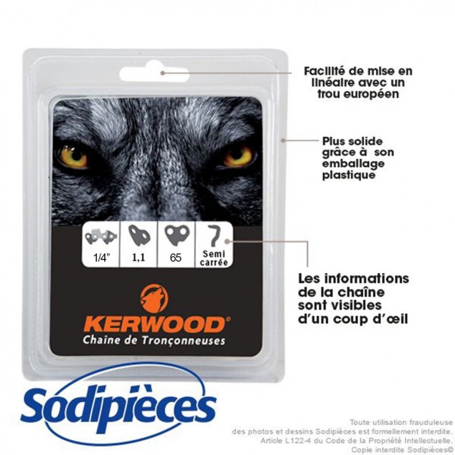 Chaîne tronçonneuse KERWOOD 65 maillons 1/4" 1,1 mm semi carrée Chaîne tronçonneuse KERWOOD 65 maillons 1/4" 1,1 mm semi carrée