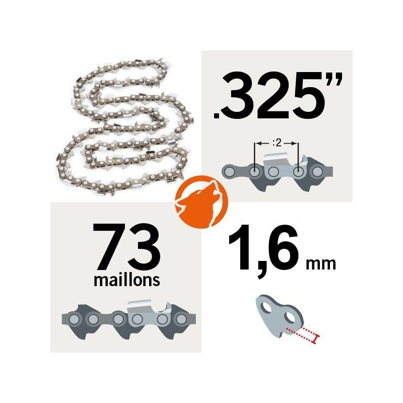 Chaîne tronçonneuse KERWOOD 73 maillons 325", 1,5mm, modèle semi carrée