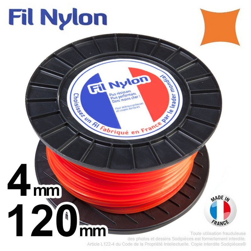 Fil débroussailleuse nylon carré. 2,4 mm x 136 m. Bobine. Orange