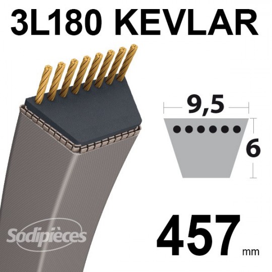 Courroie 3L180 Traditionnelle Trapézoïdale. 9,5 mm x 457 mm.