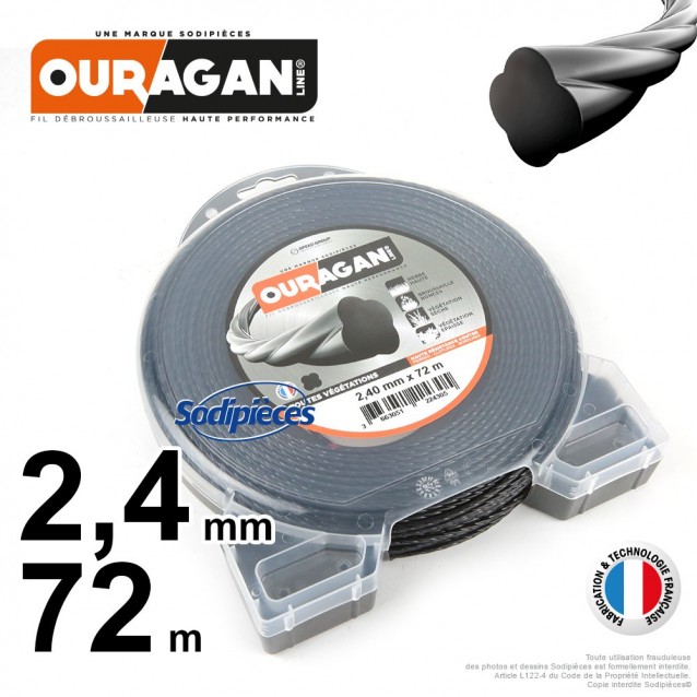 Fil débroussailleuse Ouragan 2,4 mm x 72 m. Coque. Spirale