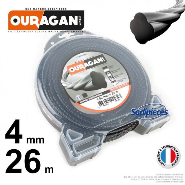 Fil débroussailleuse Ouragan 4 mm x 26 m. Coque. Spirale