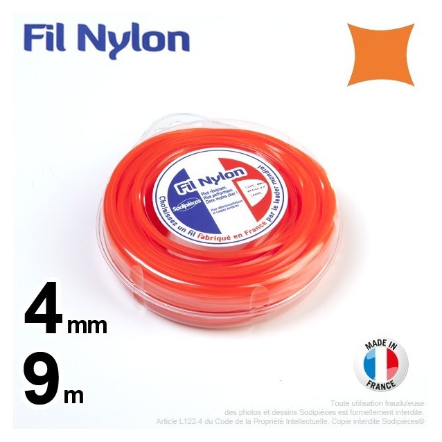 Fil débroussailleuse nylon carré. 4 mm x 9 m. Coque. Orange