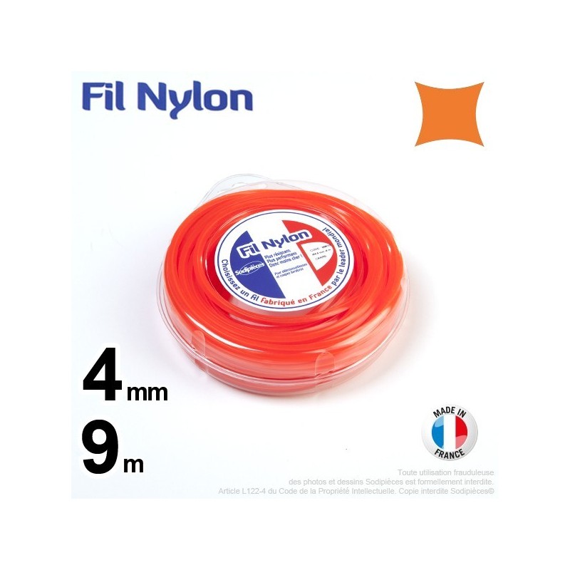 Fil débroussailleuse nylon carré. 4 mm x 9 m. Coque. Orange