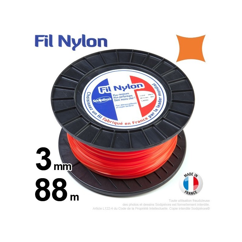 Fil débroussailleuse nylon carré. 3 mm x 88 m. Bobine. Orange