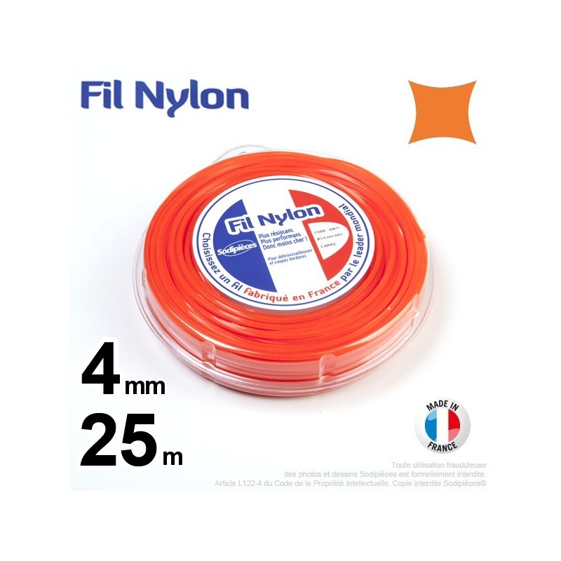 Fil débroussailleuse nylon carré. 4 mm x 25 m. Coque. Orange
