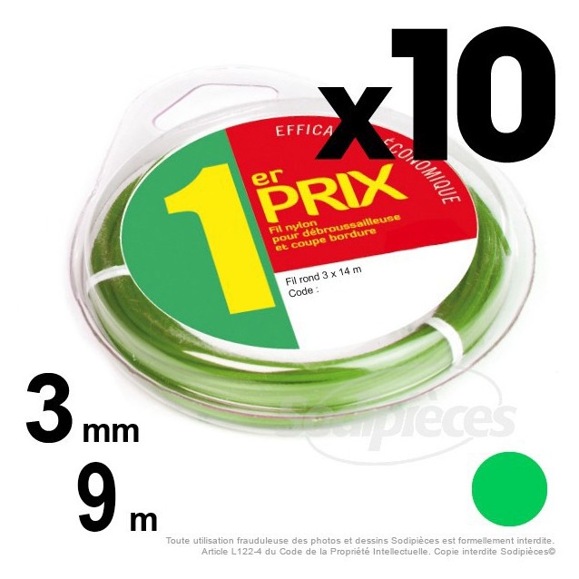 Fil débroussailleuse 1er Prix, rond 1,3 mm x 10 m. Par 10