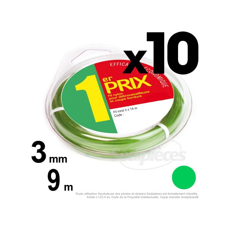 Fil débroussailleuse 1er Prix, rond 1,3 mm x 10 m. Par 10