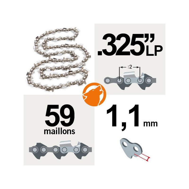 Chaîne tronçonneuse KERWOOD 59 maillons 0.325"LP 1,1 mm semi carrée