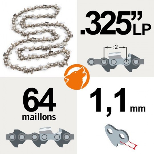 Chaîne tronçonneuse KERWOOD 64 maillons 0.325"LP 1,1 mm semi carrée