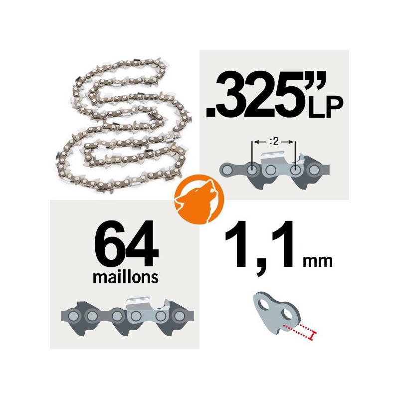 Chaîne tronçonneuse KERWOOD 64 maillons 0.325"LP 1,1 mm semi carrée