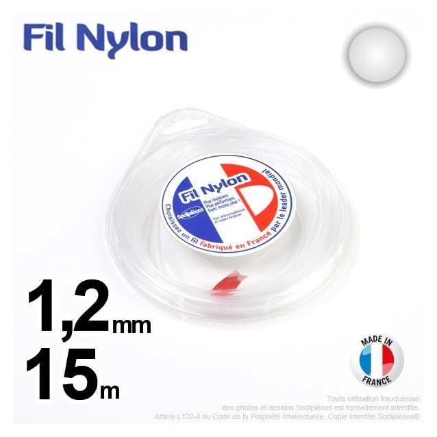 Fil débroussailleuse nylon Rond. 1,2 mm x 15 m. Coque. Blanc