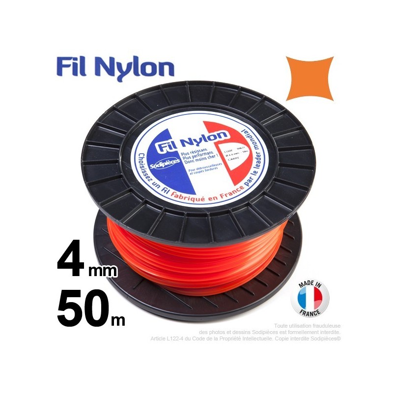 Fil débroussailleuse nylon carré. 4 mm x 50 m. Bobine. Orange