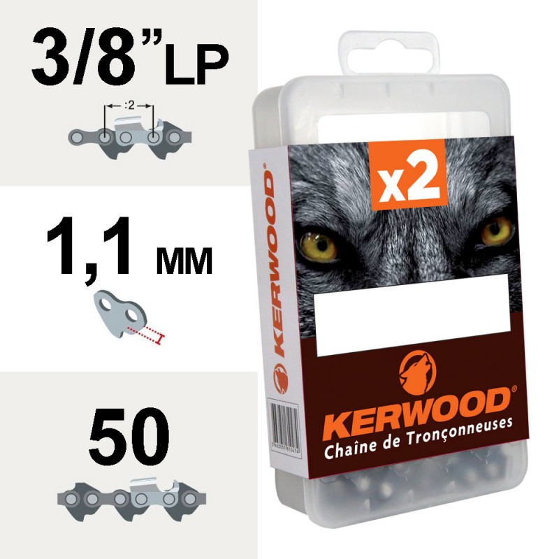 Chaîne tronçonneuse Kerwood 50 maillons 3/8LP 1,1mm semi carrée blister de 2