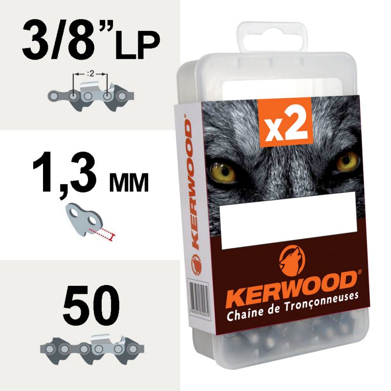 Chaîne tronçonneuse Kerwood 50 maillons 3/8LP 1,3mm semi carrée blister de 2