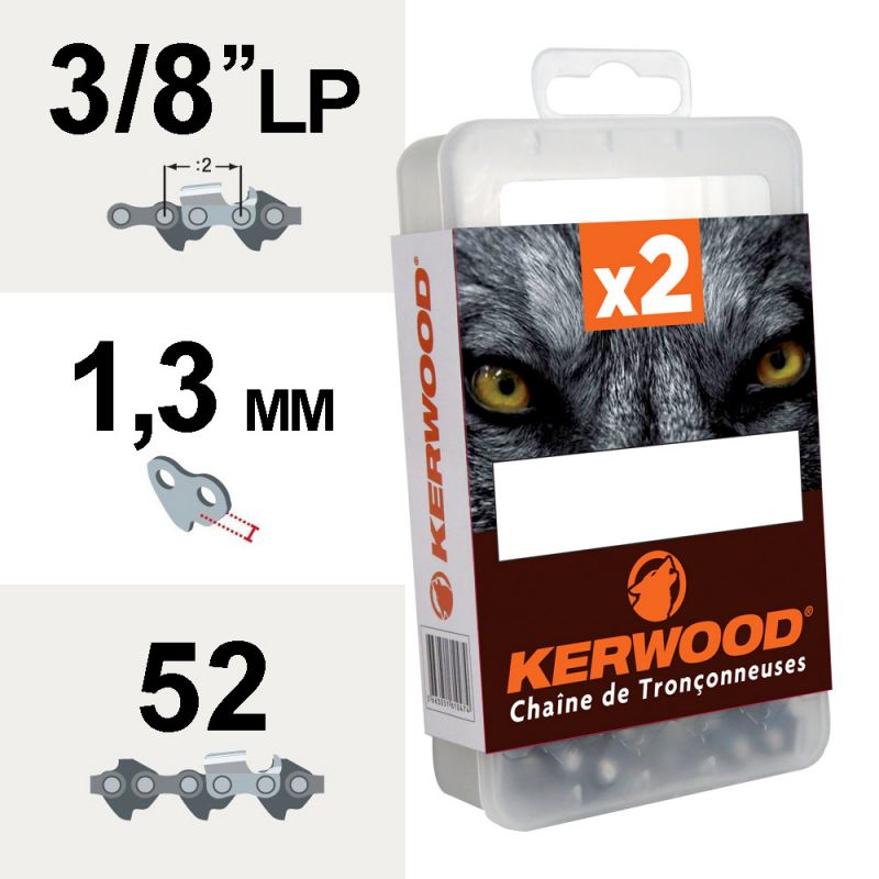 Chaîne tronçonneuse Kerwood 52 maillons 3/8LP 1,3mm semi carrée blister de 2